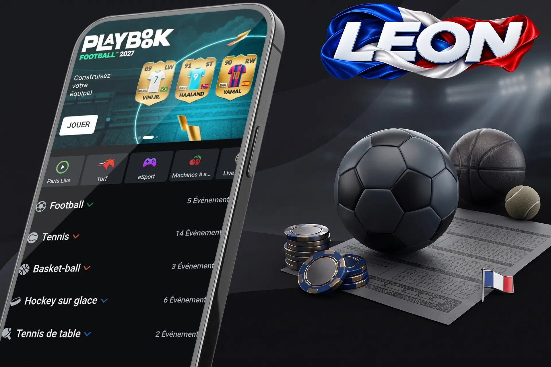 Interface de paris sportifs sur l'application Leon Casino, avec des cotes pour le football et le tennis, accompagnée d'un ballon noir et de jetons